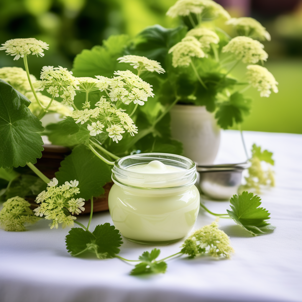 cream-of-alchemilla-on-a-table-in-the-garden-276194019