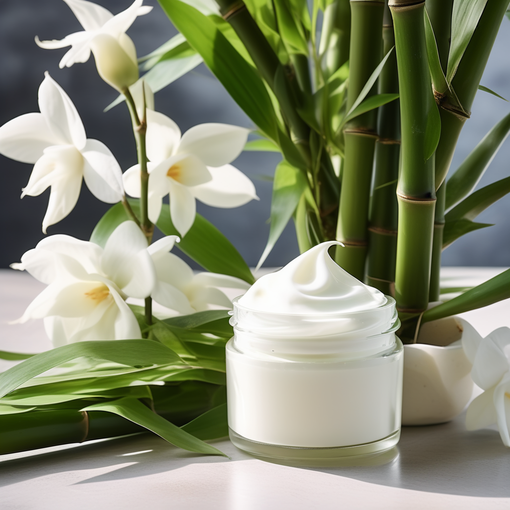 cream-with-bamboo-on-a-table-in-the-garden-313420844