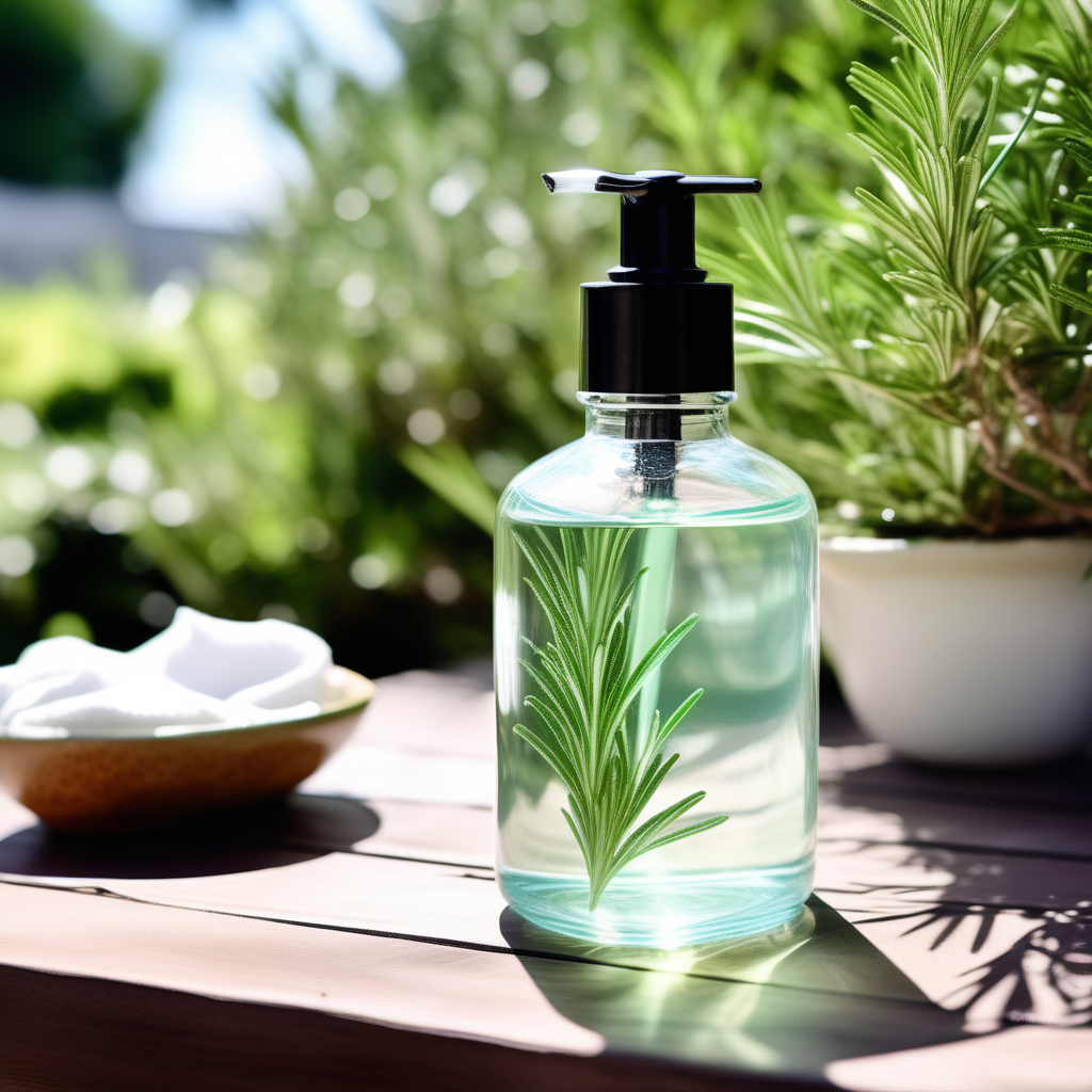 liquid-soap-with-rosemary-on-a-table-in-the-garden-529107771