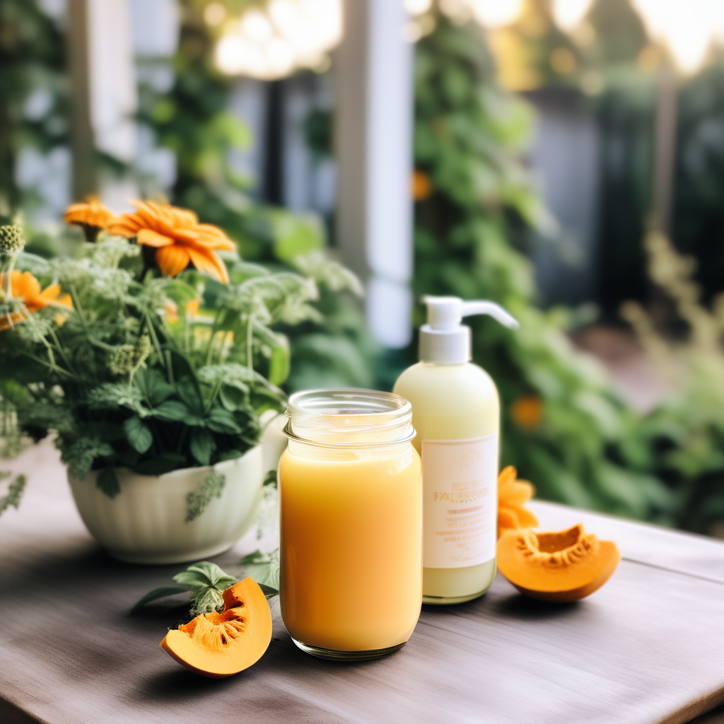 pumpkin-hair-conditioner-on-the-garden-table-566487248