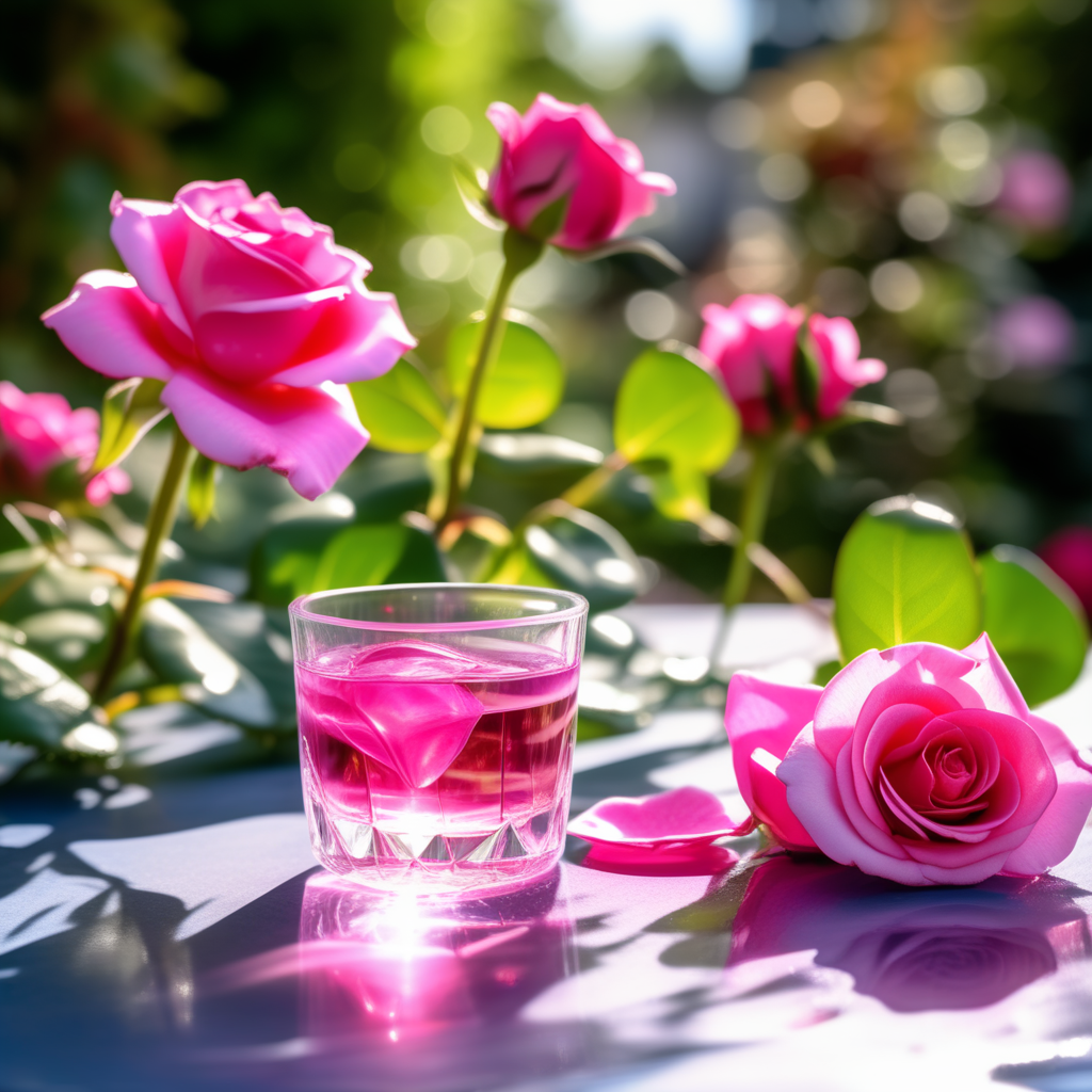 rose-liquid-on-a-table-in-the-garden-341995094