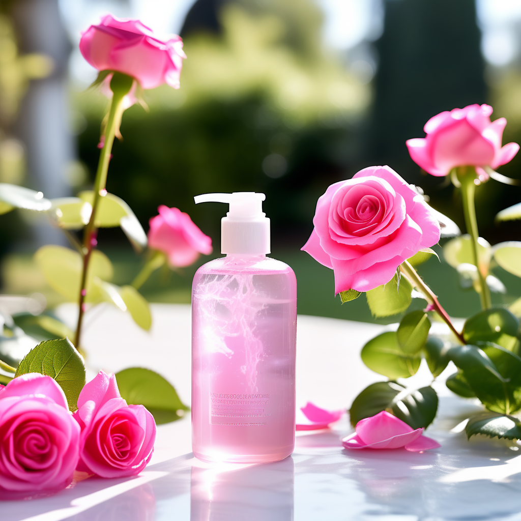 rose-shower-gel-on-a-table-in-the-garden-251674801