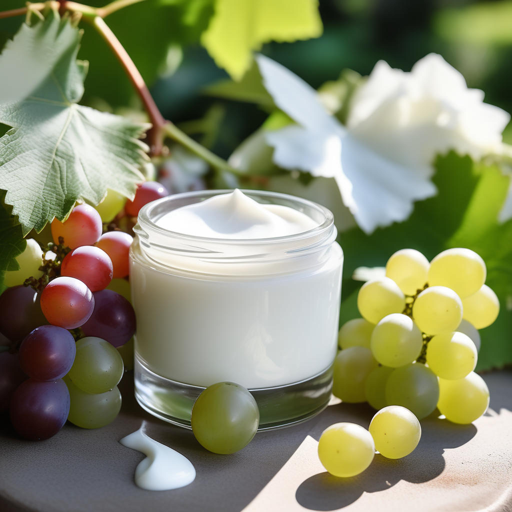 white-cosmetic-cream-from-grapes-on-a-table-in-the-garden-349785890