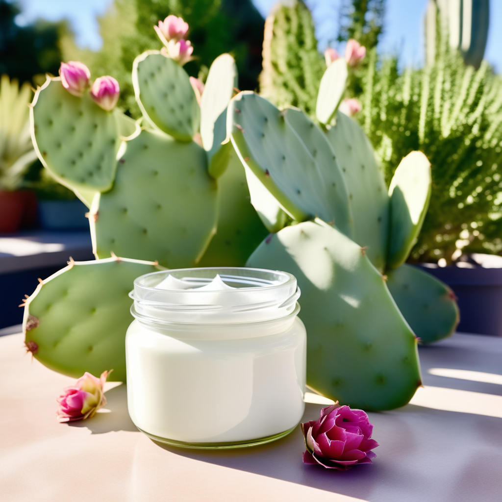 white-prickly-pear-cream-in-a-jar-on-a-garden-table-349687347