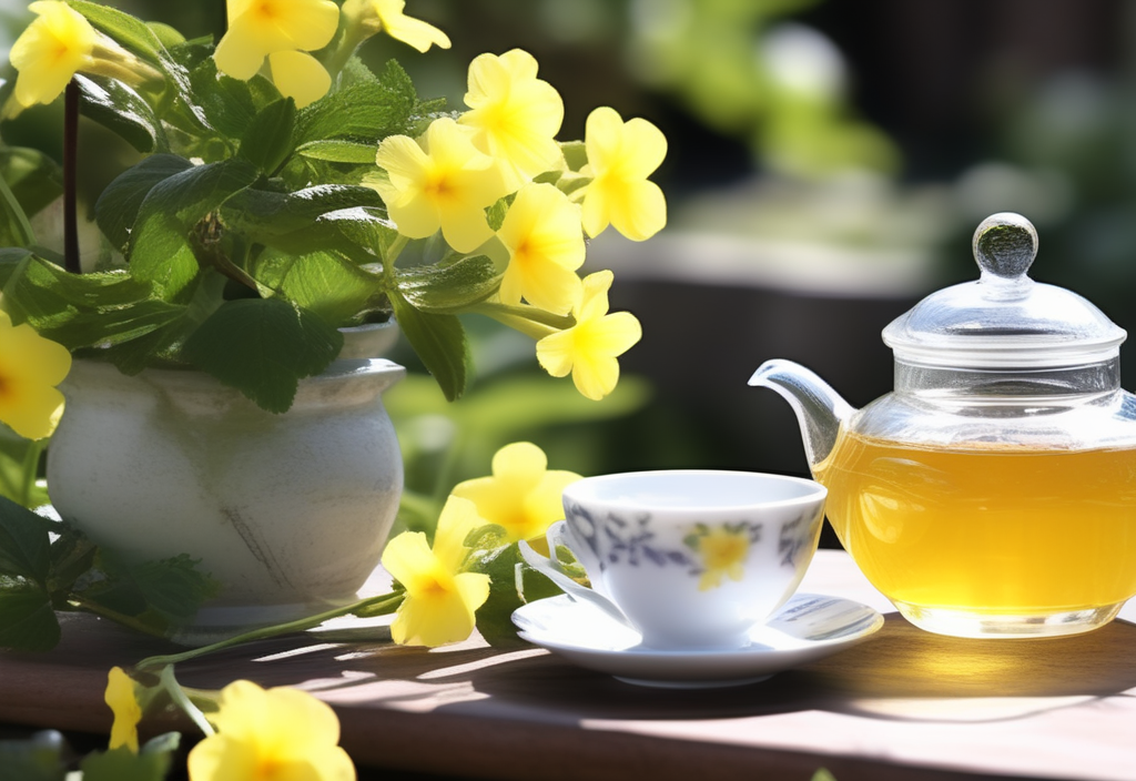 yellow-primrose-tea-on-a-table-in-the-garden-735853668